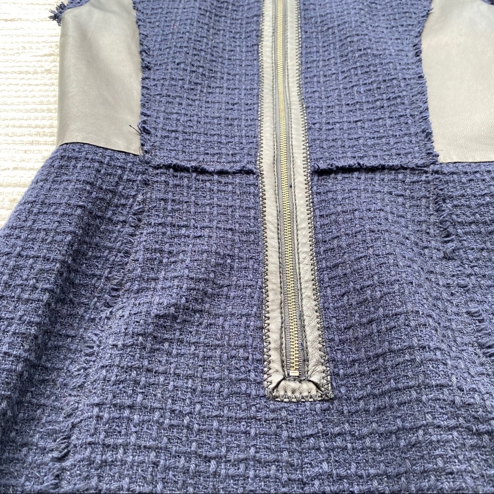 Rebecca Taylor Navy Blue Fringed Tweed Black Leather Panel Sheath Dress Size 4 - Picture 6 of 11
